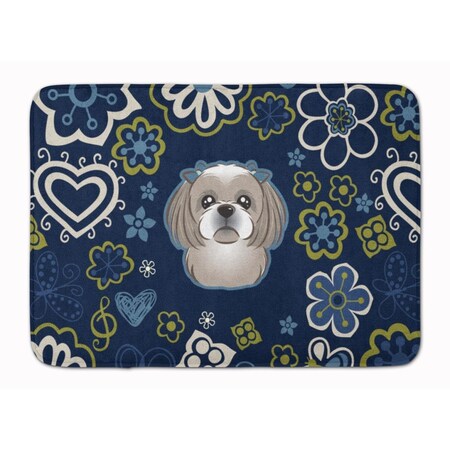 Carolines Treasures Blue Flowers Gray Silver Shih Tzu Machine Washable Memory Foam Mat BB5101RUG